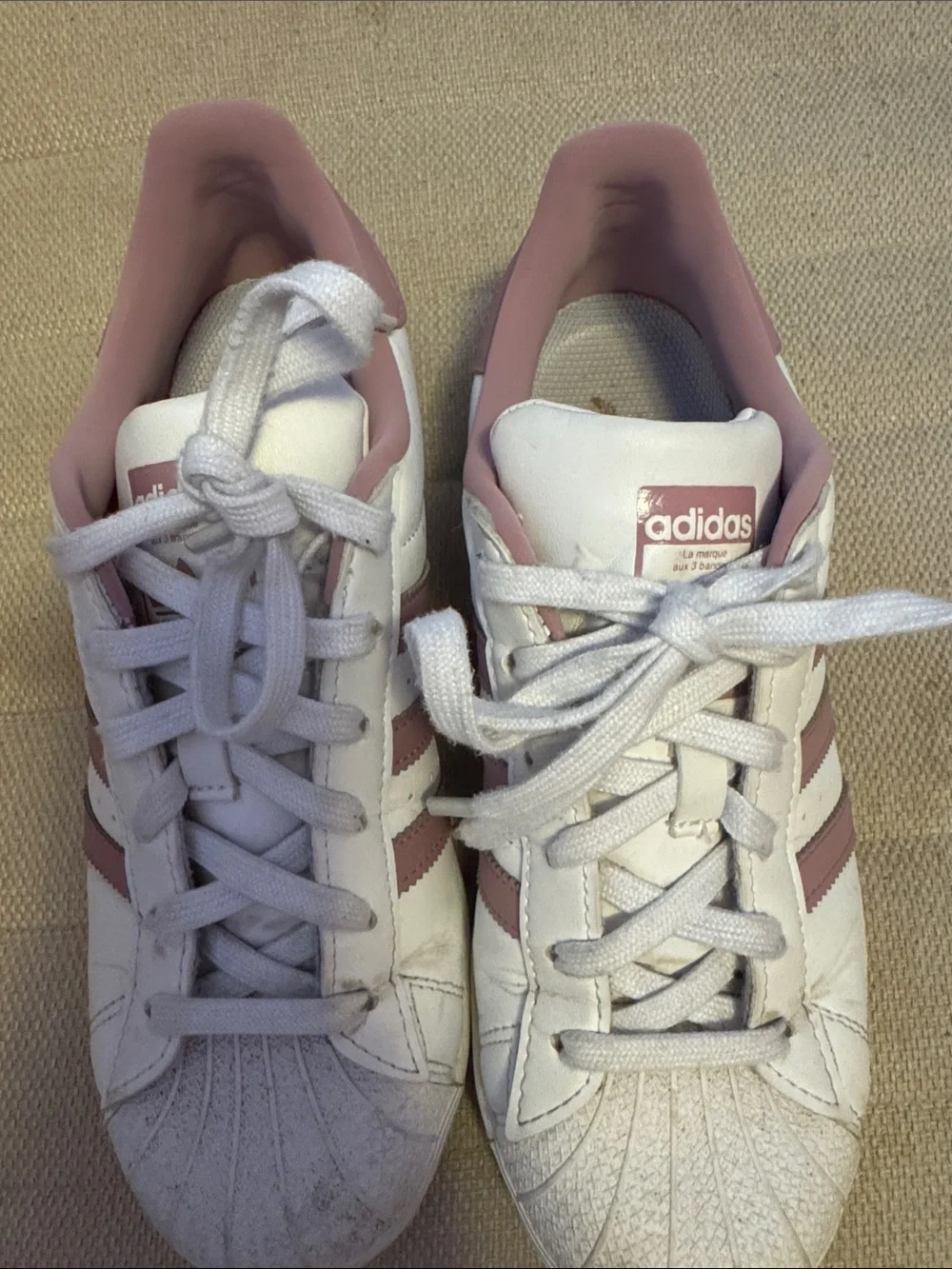 adidas White Leather Superstars with Mauve Accent